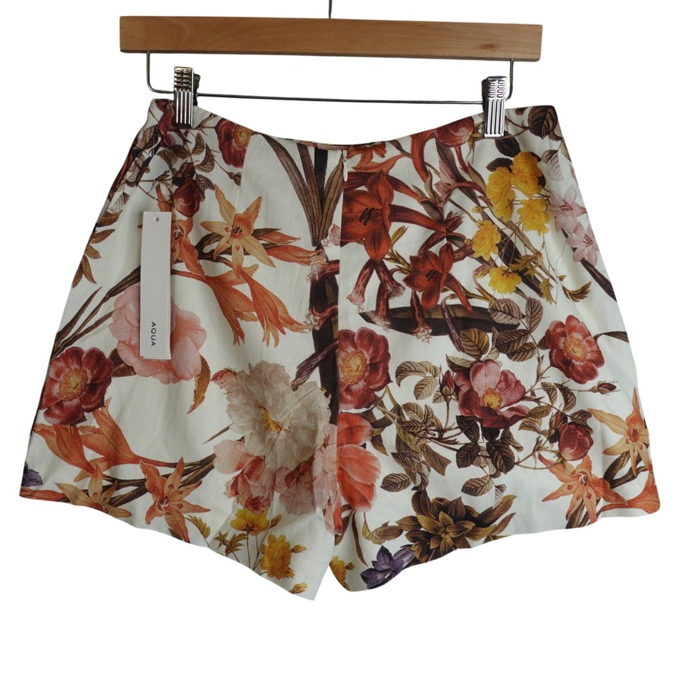 AQUA‎ Floral High Waisted Linen Shorts Womens M White Multi Summer Boho Chic NWT
